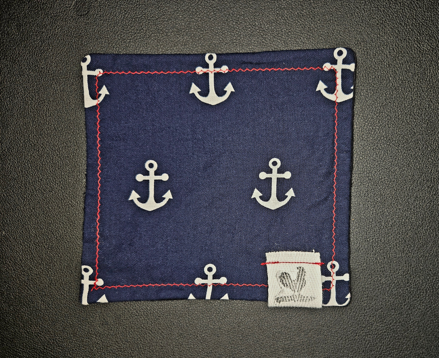Rooster Ridge Rag Navy Blue with White Anchors, Red Stitching