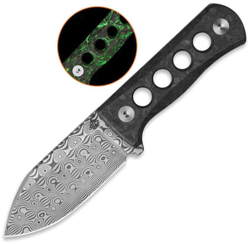 QSP Canary Neck Knife Damascus Glow in the Dark Green
