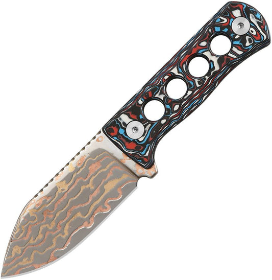 QSP Canary Neck Knife Copper Damascus. Red, White and Blue Handle