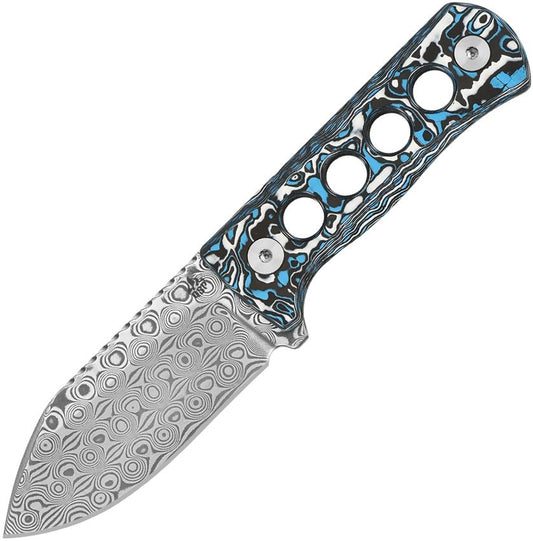 QSP Canary Neck Knife Damascus Black, White and Blue