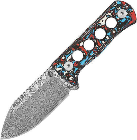 QSP Canary Neck Knife Damascus Red, White, Blue